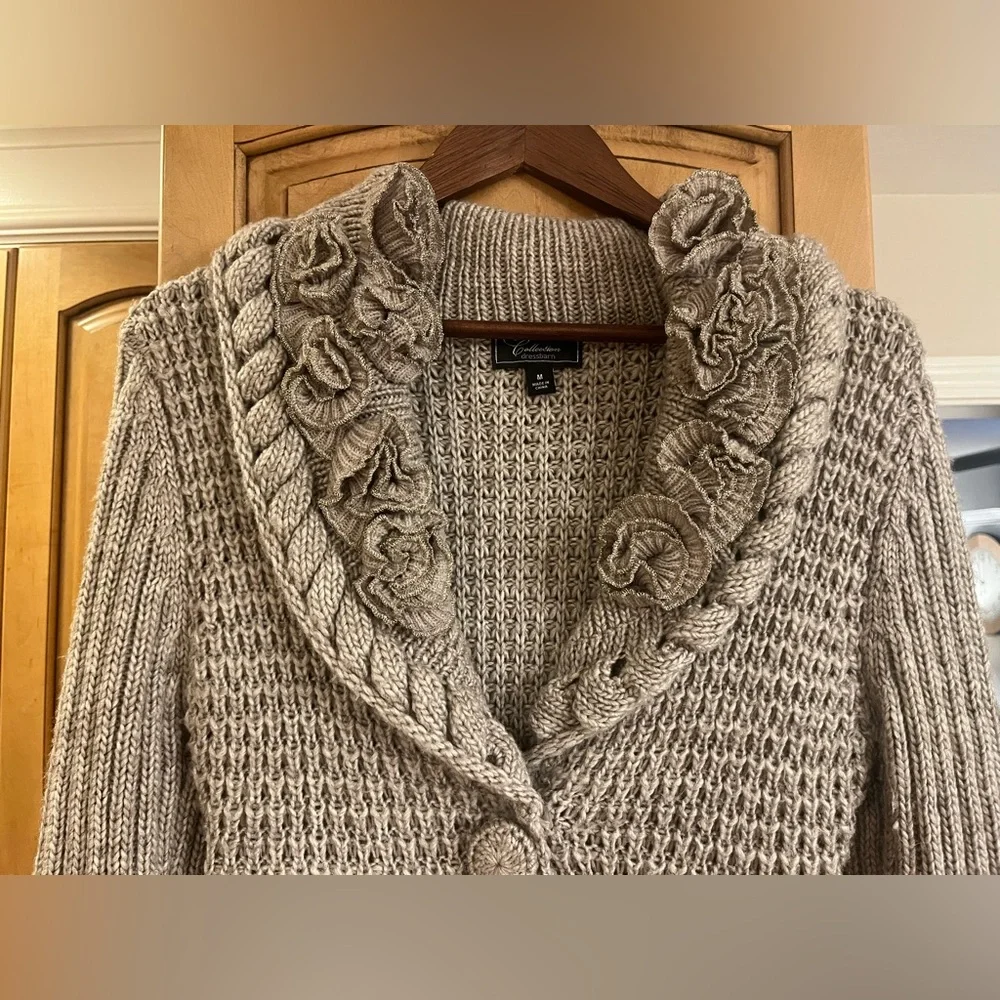 DressBarn Collection Long Heavy Knit Sweater with Ruffle Floral Collar - Picture 2 of 4